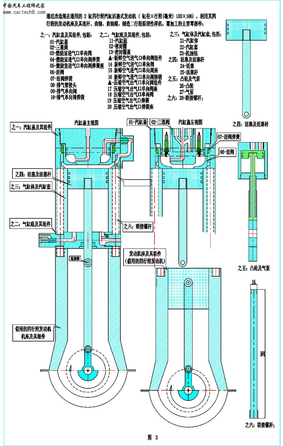 制造二行程原理性样机，需加工的主要零部件共28个