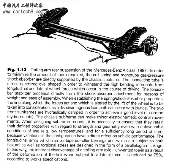 传统意义上的拖拽臂trailing-arm可以参考1997年的奔驰A级轿车。